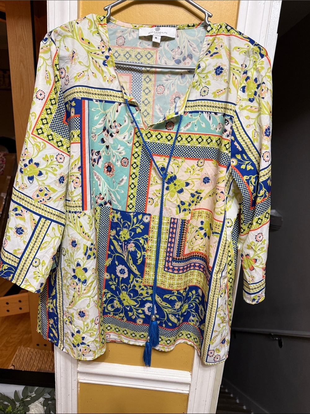 Jean Pierre Klifa Paris XL Boho Patchwork Floral Tassel Tunic Top Blue Green